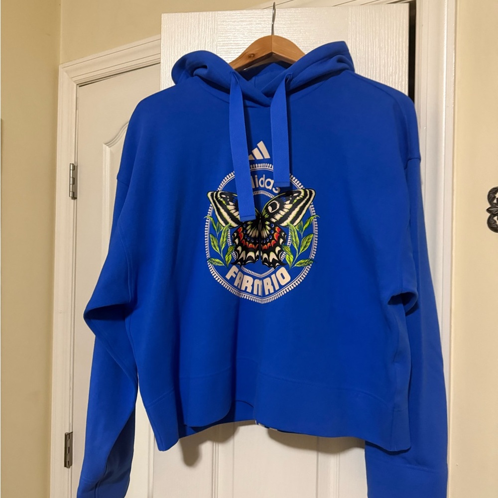 Adidas and Farm Rio Royal Blue Hoodie with Butterfly Graphic Boxy Fit, Size L